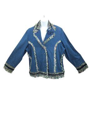 Yak Magik Jacket XL Denim Funky Boho Fringe Art to Wear Mixed Media Hippie Rare